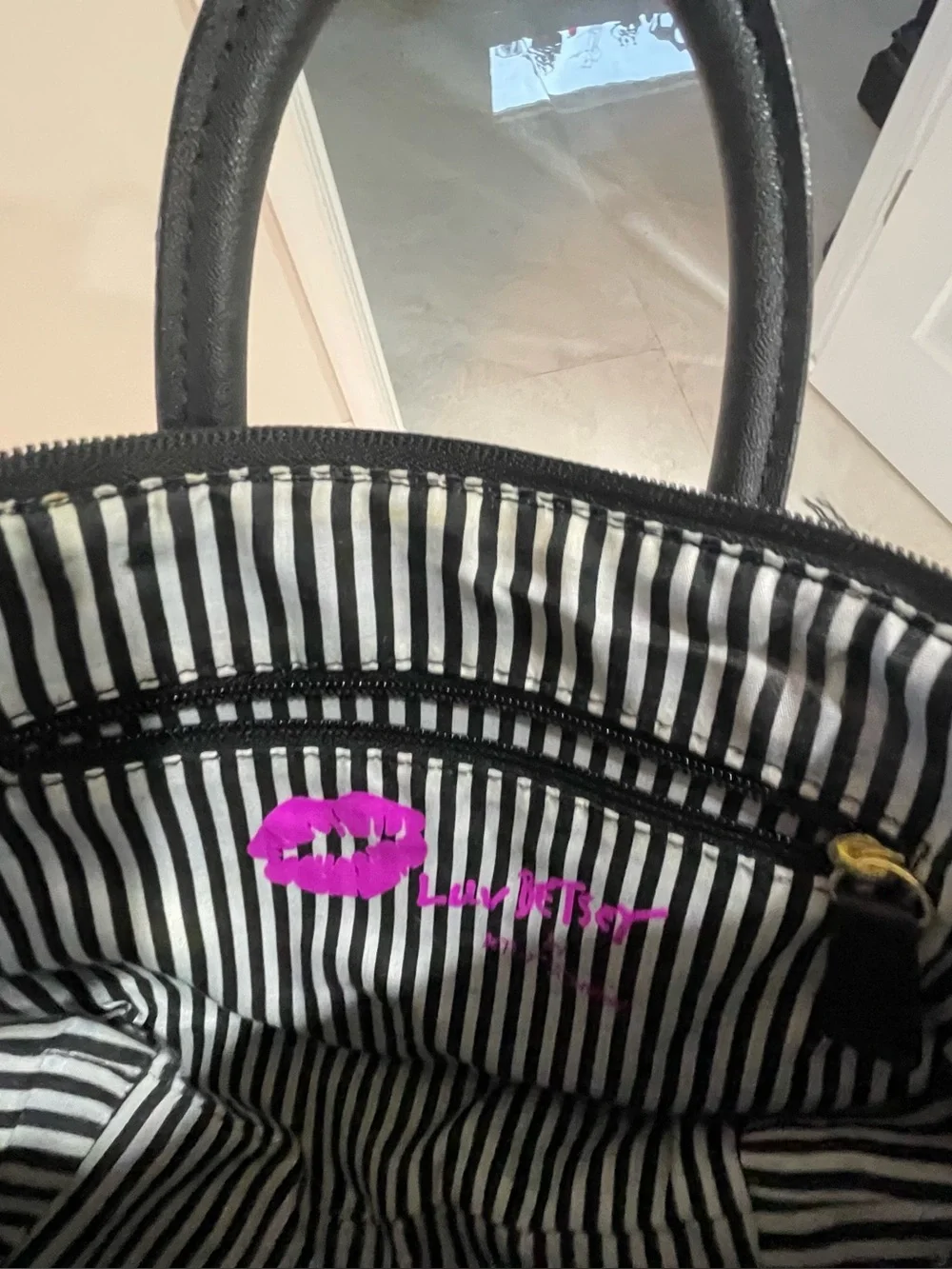 Betsey Johnson Striped Rose Floral Satchel Handbag w/Pom Pom (No Crossbody Strap